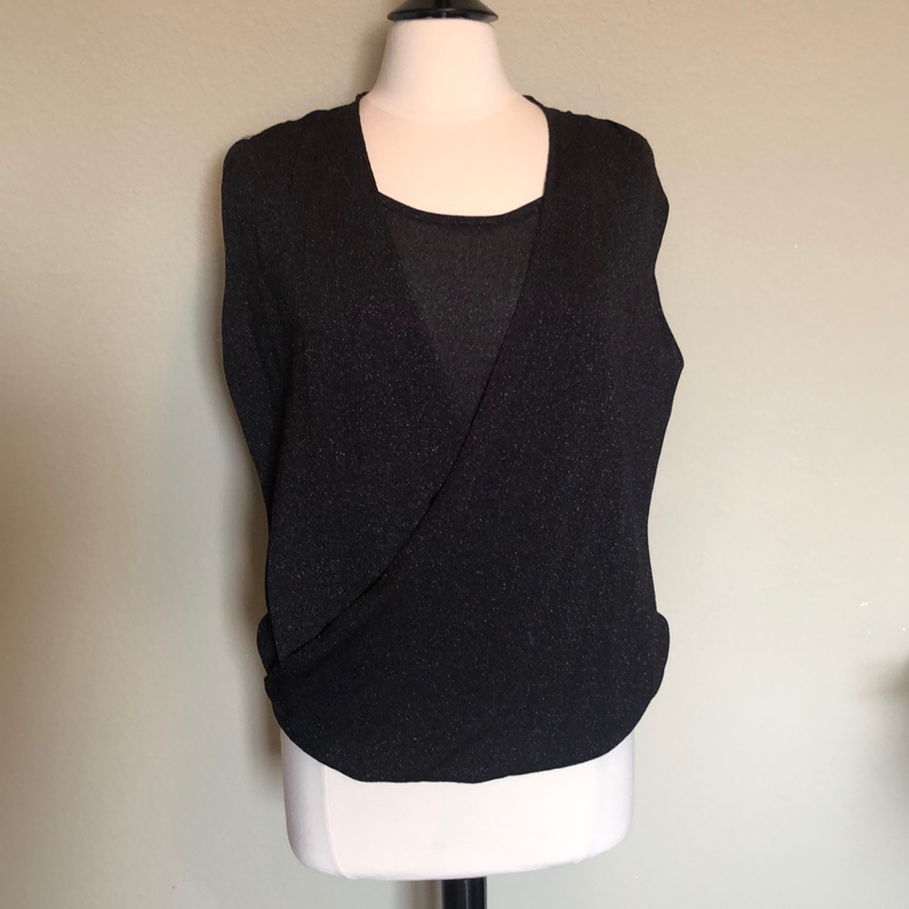 WHBM Black Sparkly Faux Wrap Top